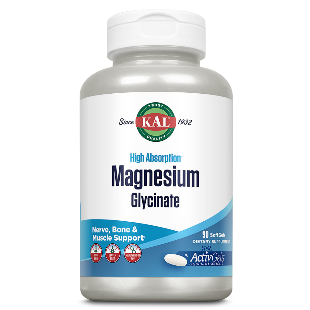 KAL Magnesium Glycinate Activgels 315Mg, High Absorption Magnesium Supplement for Muscle, Nerve & Bone Health Support, Non-Gmo, Gluten Free, 30 Servings, 90 Softgels