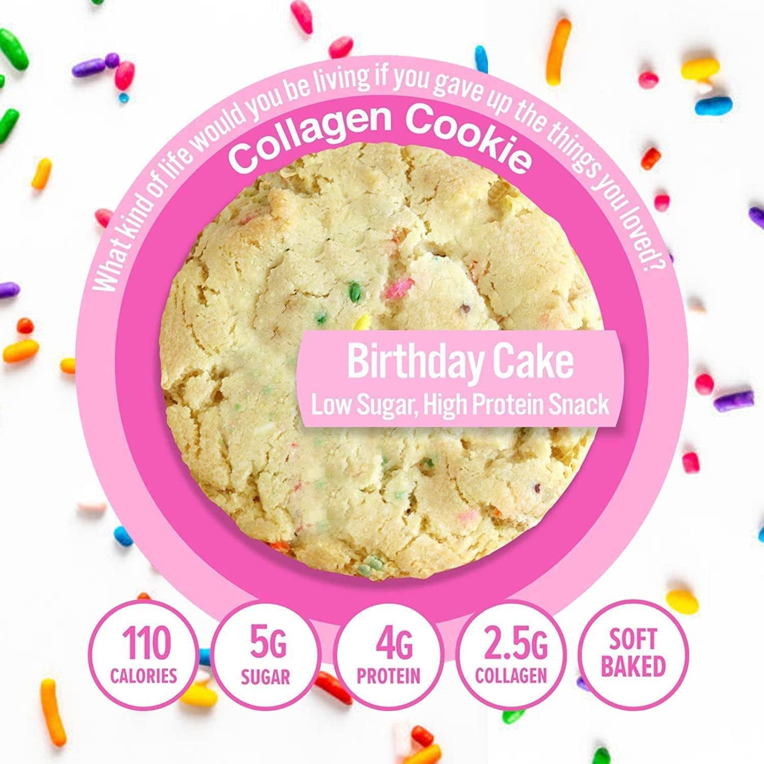 321Glo Collagen Cookies | Soft Baked, High Protein Cookies | Low Carb, Low Sugar | Keto Snack for Women, Men, & Kids | 6 Pack (Birthday Cake)