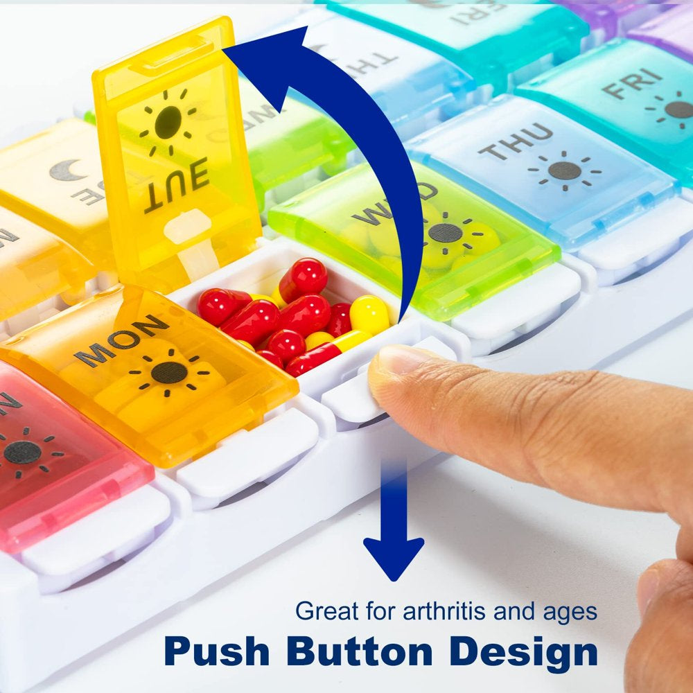 Pill Organizer 2 Times a Day-7 Day Large Pill Box Am Pm Easy Fill & Push Button 2 in 1 Design,14 Day for Fish Oil/Supplements