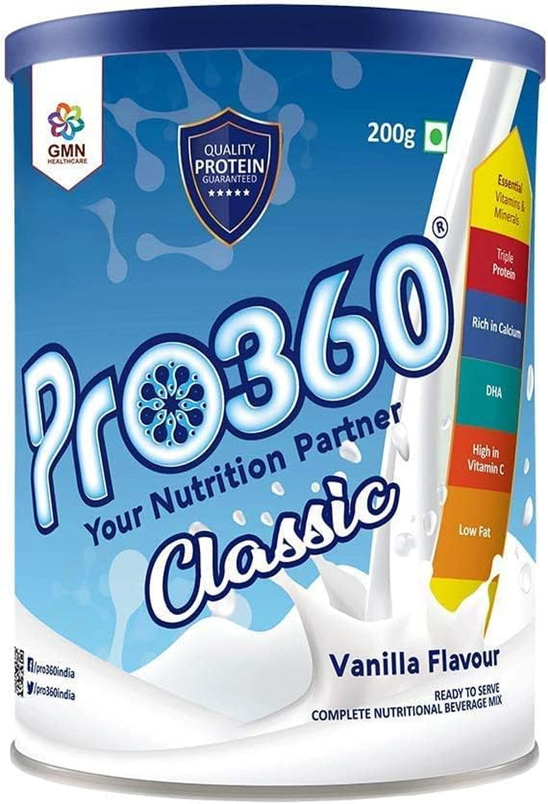 Pro360 Classic Nutritional Protein Drink Supplement Powder for Men and Women - Instant Beverage Mix - 200G (Vanilla)