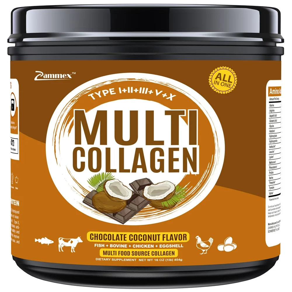 Zammex Multi Collagen Peptides Powder 16Oz, Hydrolyzed Collagen Protein Types I,II,III,V,X, Chocolate Coconut Flavor, 41 Servings
