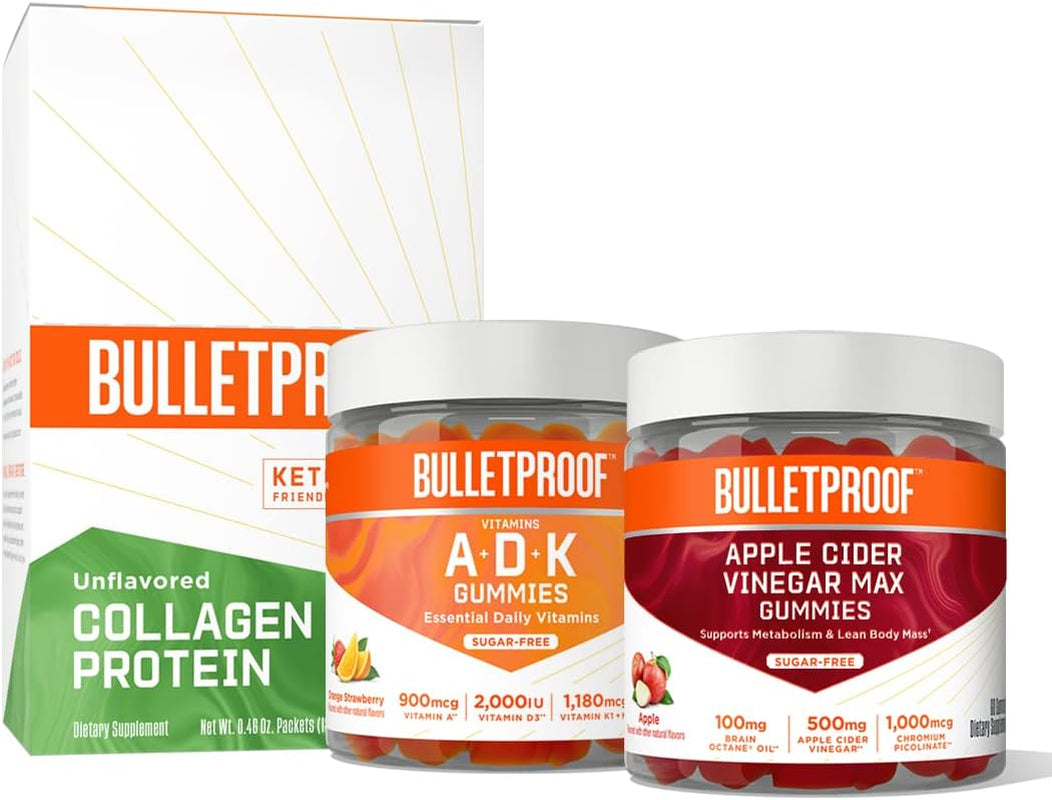 Bulletproof Apple Cider Vinegar Max Sugar-Free Gummies, A+D+K Gummies, and Unflavored Collagen Protein Powder Packets, Pack of 15