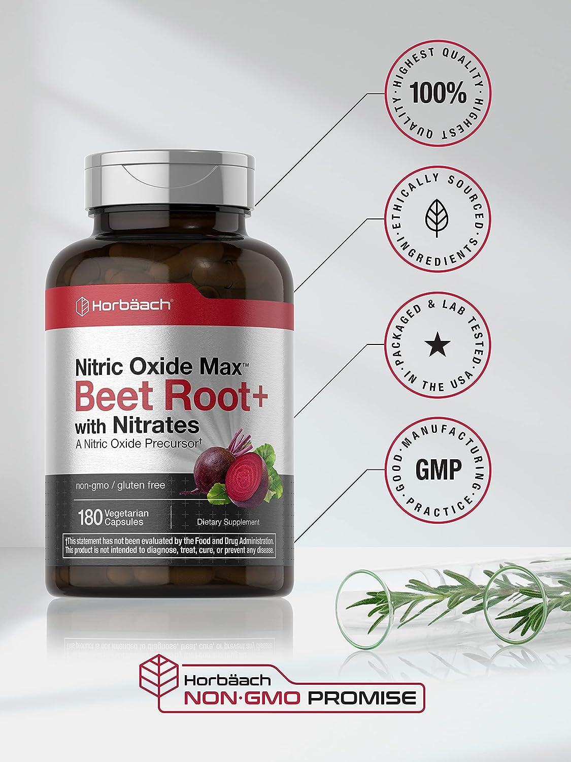 Nitric Oxide Beet Root Capsules | with Nitrates | 180 Count | Nitric Oxide Precursor | Vegetarian, Non-Gmo, Gluten Free Supplement | by Horbaach