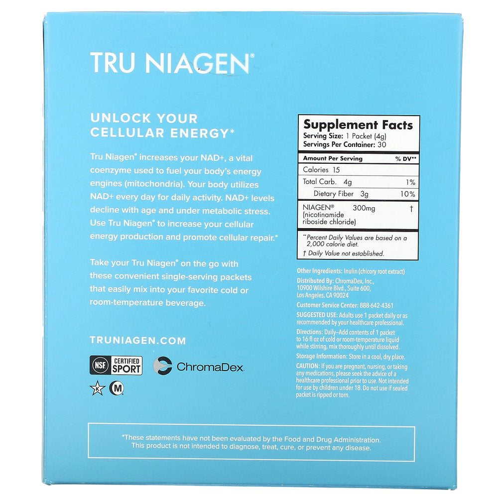 Tru Niagen Increases NAD+, Nicotinamide Riboside, Unflavored, 30 Packets, 0.14 Oz (4 G) Each