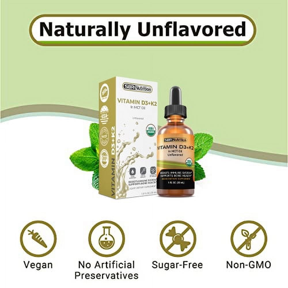 USDA Organic Vitamin D3 + K2 (MK-7) Sublingual Liquid Drops with MCT Oil | Naturally Unflavored | Helps Support Strong Bones and Healthy Heart, Boost Immune System