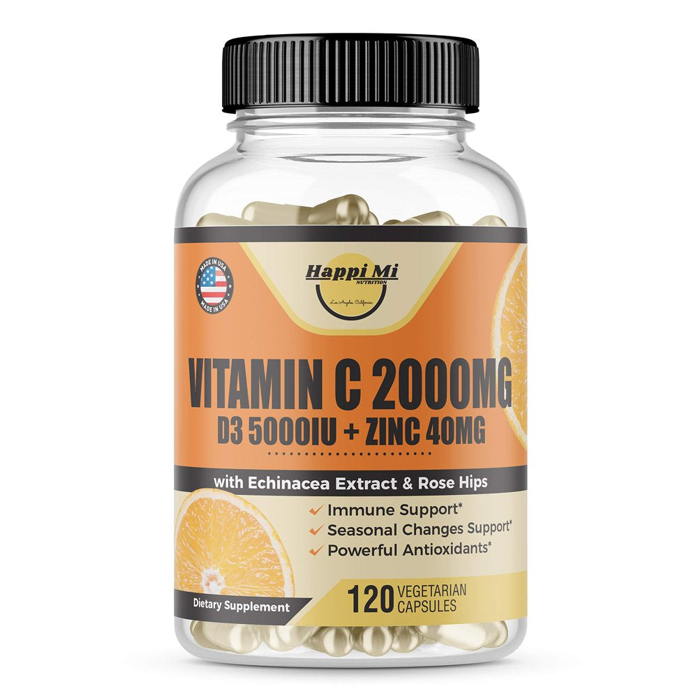 Vitamin C 2000MG, Zinc 40 Mg, Vitamin D3 5000 IU, Echinacea Extract, Rose Hip, Immune Support for Adults Kids, Immune Booster,120 Vegan Capsules, 60 Day Supply, Non GMO, No Filler, No Stearate