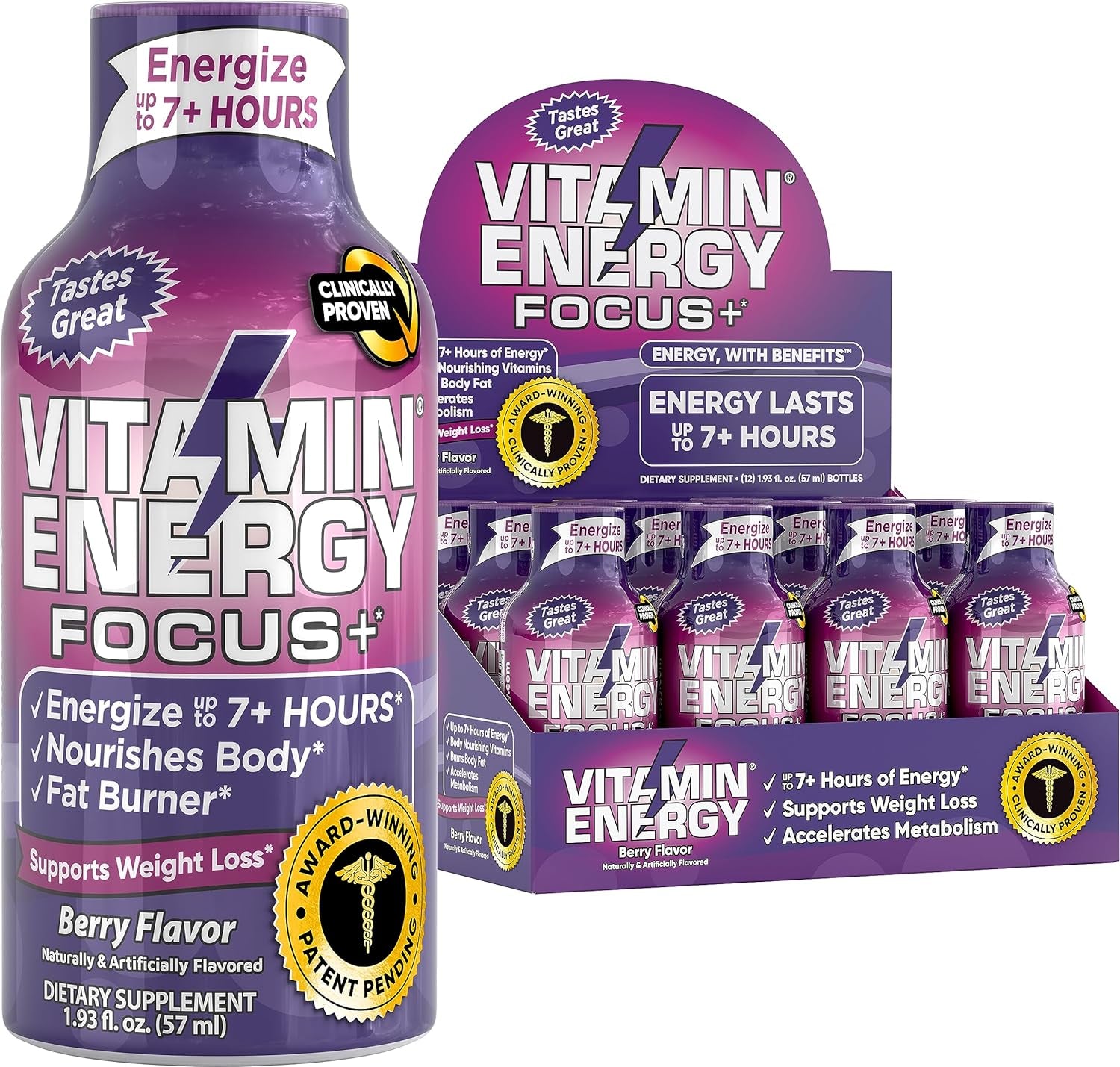 Vitamin Energy Focus+ Energy Drink Shot, up to 7+ Hours of Energy, Berry, 1.93Oz, 12 Count