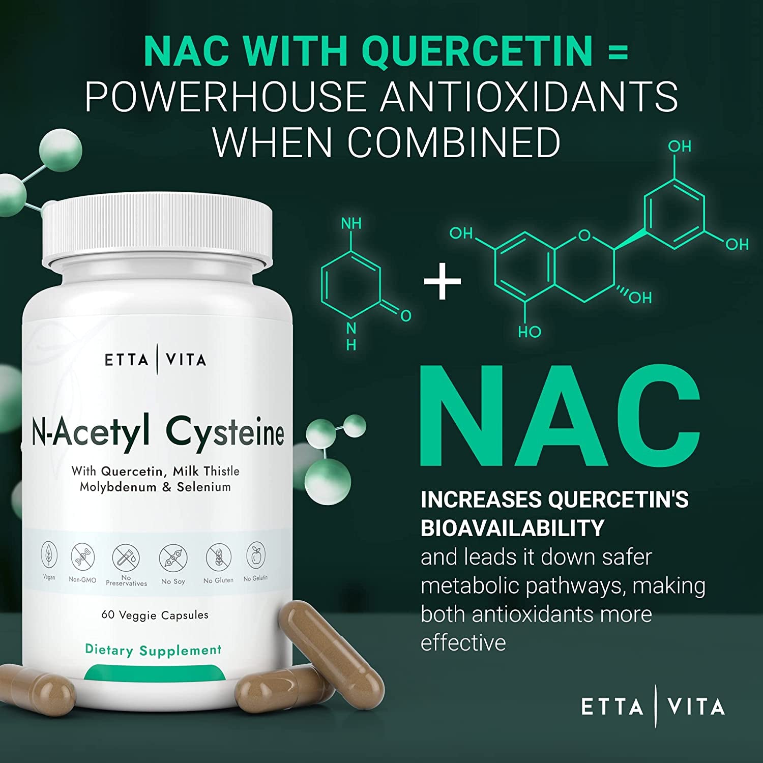 Vegan Liver Detox & Cleanse - NAC Supplement N-Acetyl Cysteine 600Mg with Quercetin, Milk Thistle, Molybdenum & Selenium, N-Acetyl-Cysteine Capsules for Immune Support, Respiratory & Brain Health