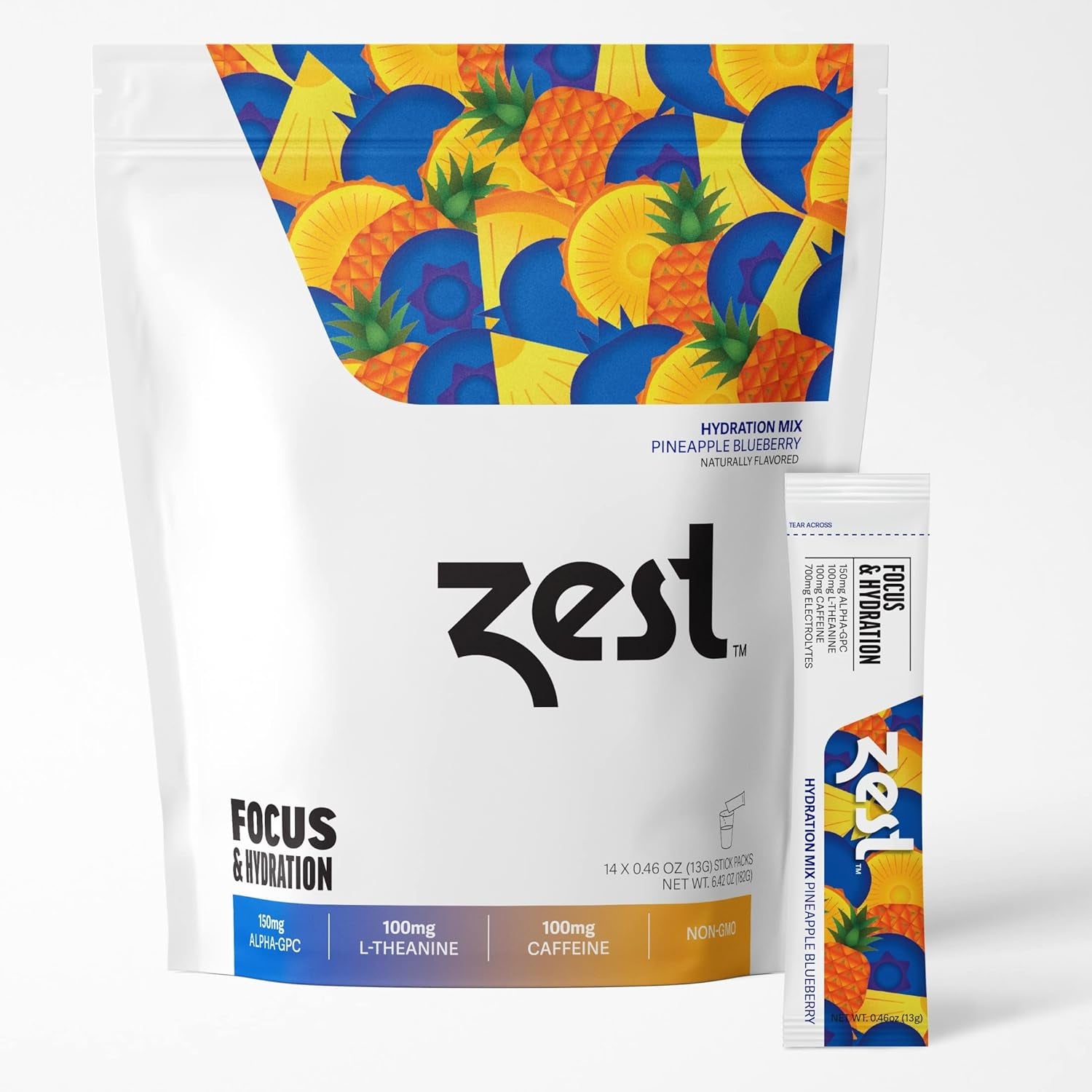 Zest Caffeine, L-Theanine, & Alpha GPC - Focus & Electrolyte Hydration Powder - Pineapple Blueberry - Mix W/Water - 14 Packets - Nootropic Brain Booster Supplement Drink - Low Sugar Liquid Enhancer