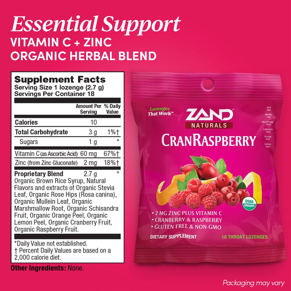 Zand Immunity Organic Cranraspberry Herbalozenge Throat Drops W/ Vitamin C & Zinc | No Corn Syrup (18 Lozenges)