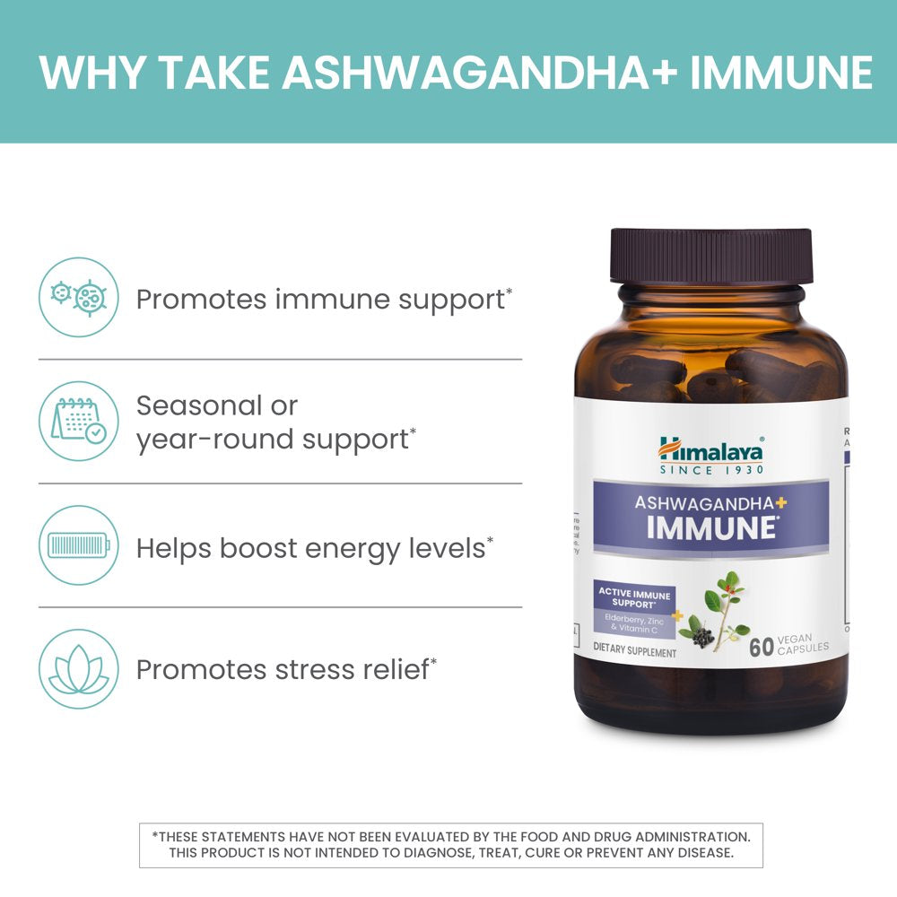 Himalaya Ashwagandha+ Immune with Elderberry, Zinc & Vitamin C for Immune Support, 60 Capsules