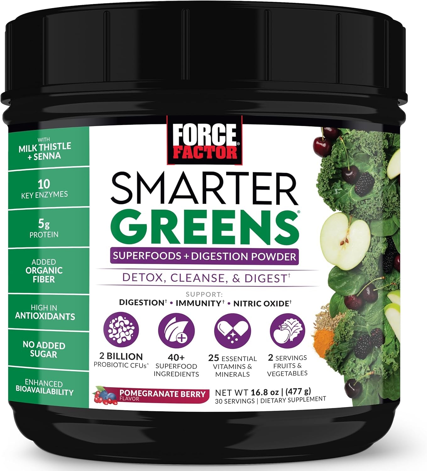 FORCE FACTOR Smarter Greens Superfoods + Digestion Powder, Greens Powder with 2 Billion Probiotics, Digestive Enzymes, and Antioxidants to Detox, Cleanse, 30 Servings