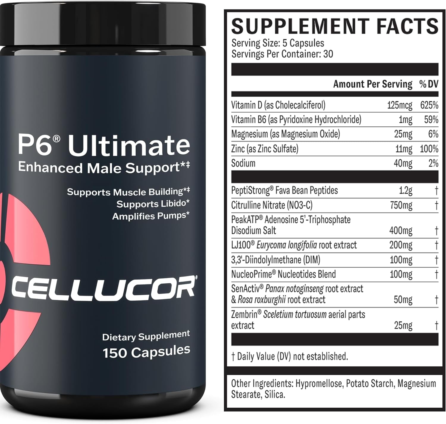 Cellucor P6 Ultimate - Enhanced Support for Men | Supports Muscle Growth & Strength | Natural Support Supplement with Peakatp, Peptistrong, LJ100, Elevatp, DIM, & Senactiv - 150 Capsules