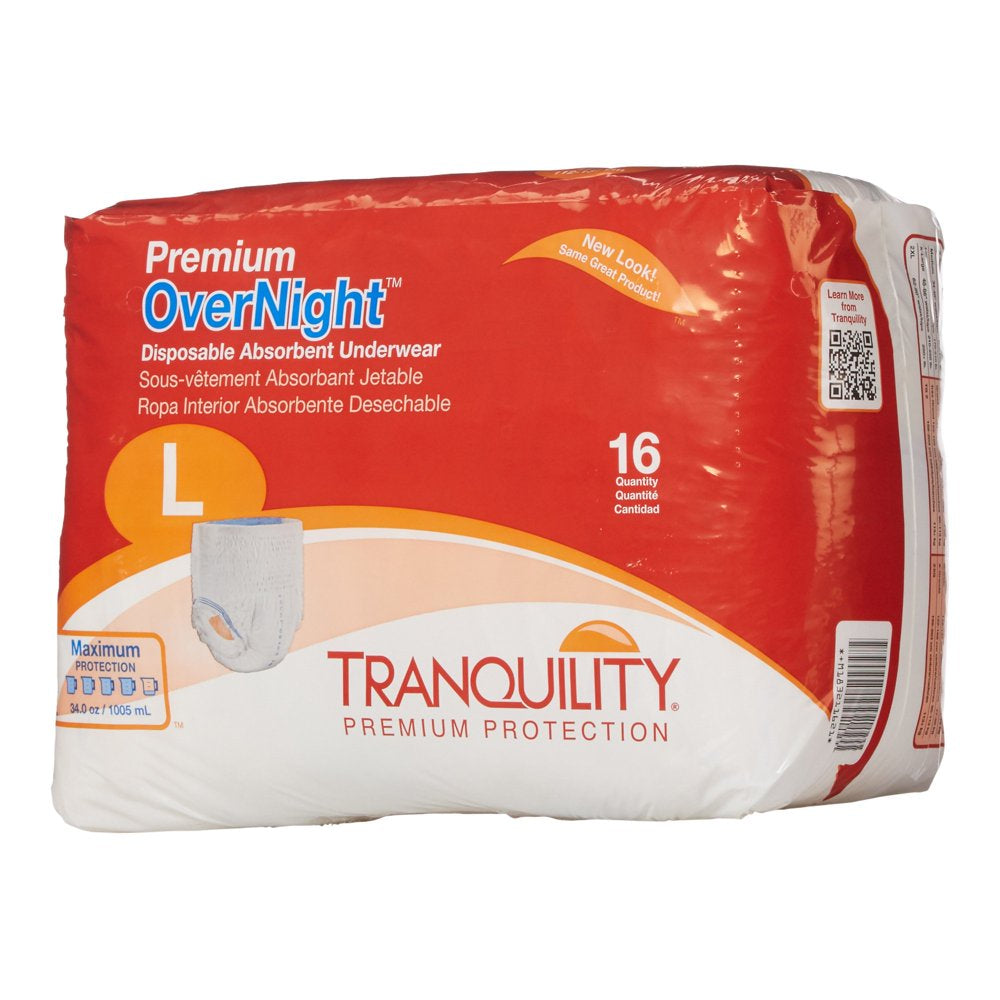 Tranquility Premium Overnight Disposable Absorbent Underwear, Large, Maximum Protection, 16 Ct Bag