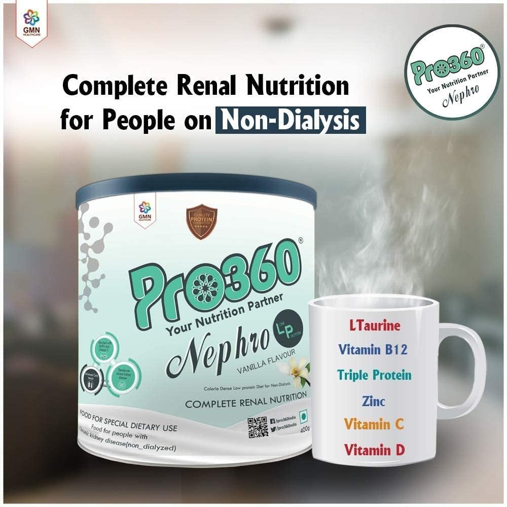 SJH Pro360 Nephro LP - Non-Dialysis Care Nutritional Protein Drink (Vanilla Flavour) No Added Sugar, Special Dietary Supplement for Kidney/Renal Health, 400 Gm