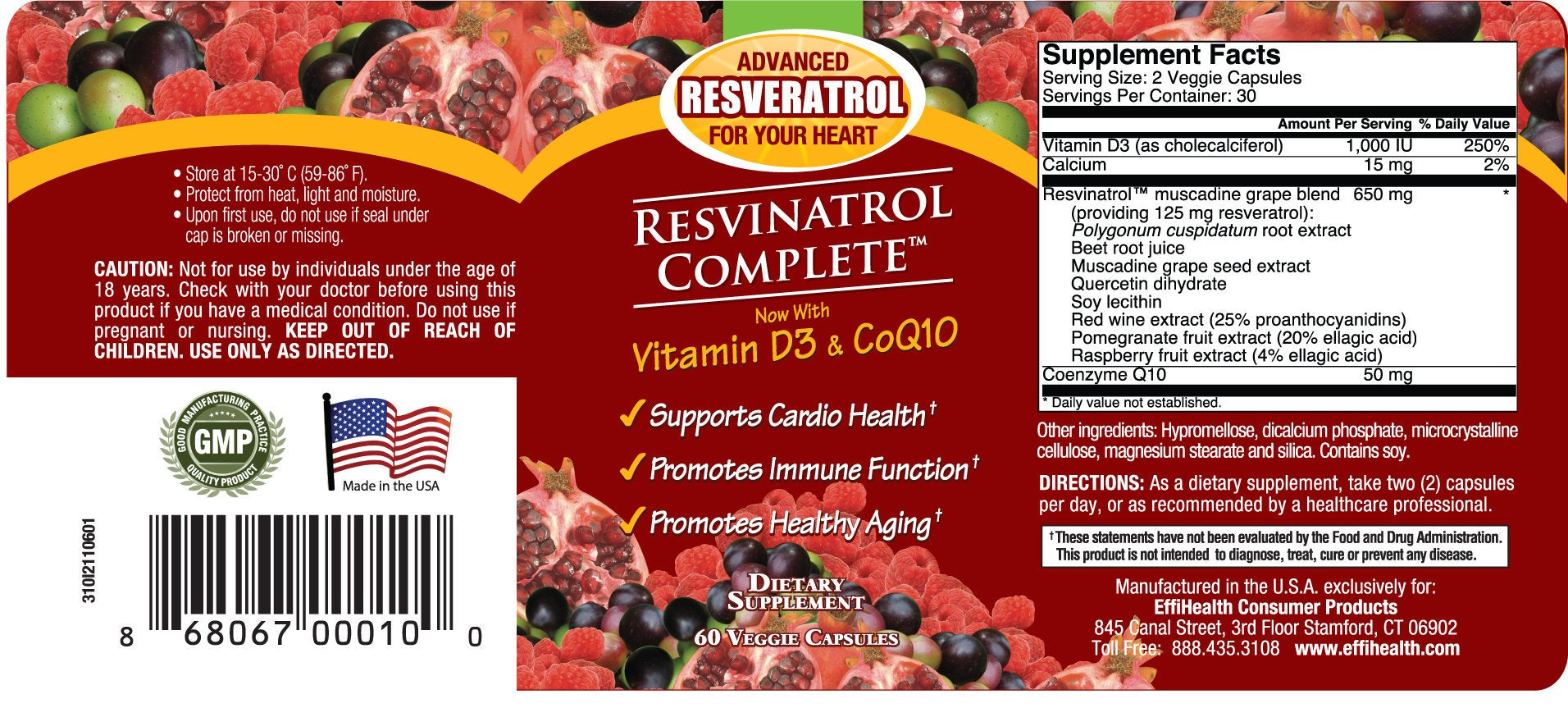 Resvinatrol Complete Capsules, 60 Count- Resveratrol Supplement Supports Healthy Aging, Heart Health, and Immune Function with Quercetin, Grape Seed Extract, Vitamin D3 and Coq10