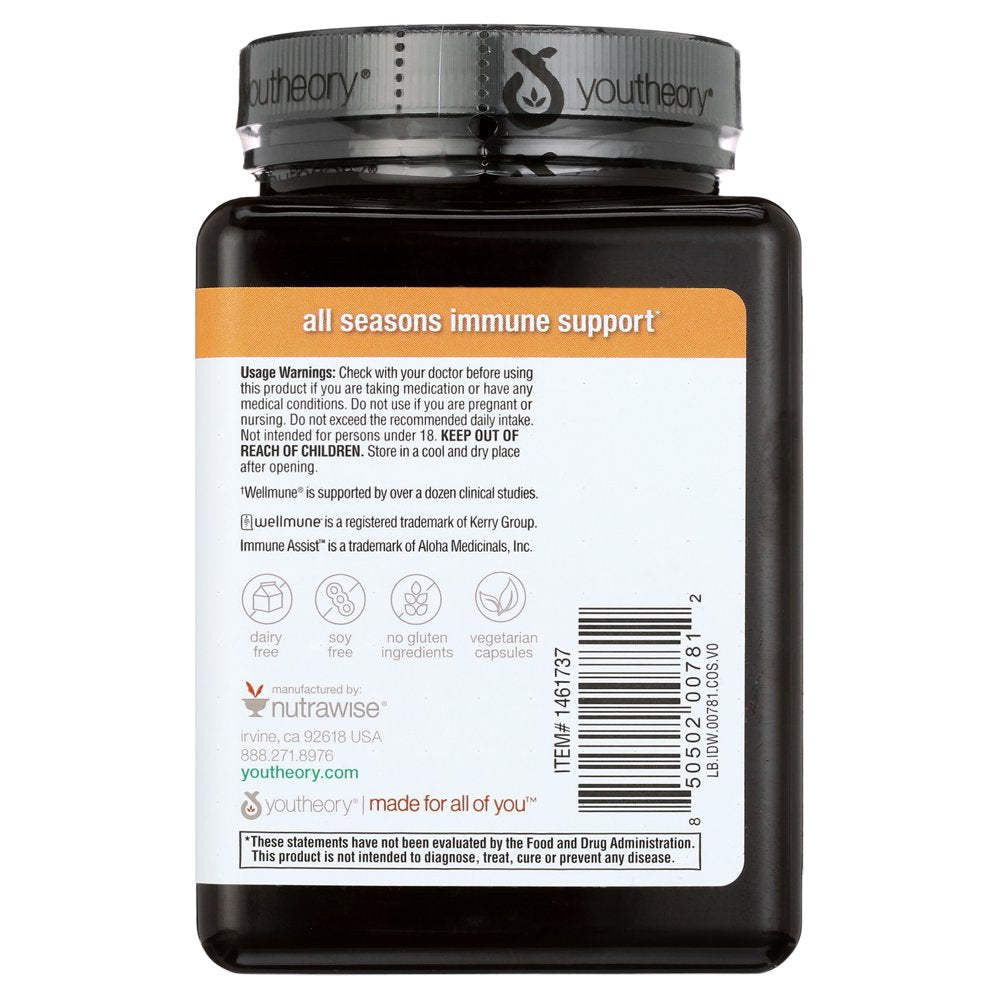 Youtheory Immune+ Daily Wellness- Organic Mushrooms- Beta Glucan- Vitamin C, D3 & Zinc 150 Vegetarian Caps