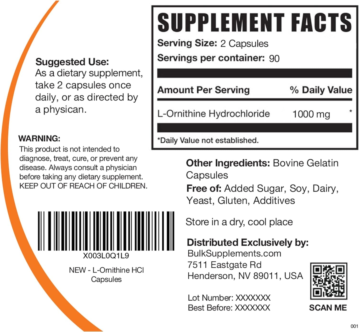 BULKSUPPLEMENTS.COM L-Ornithine Hcl Capsules - L-Ornithine Hydrochloride - Ornithine Capsules - Amino Acids Supplement - L Ornithine 1000Mg - 2 Capsules per Serving, 90-Day Supply (180 Capsules)