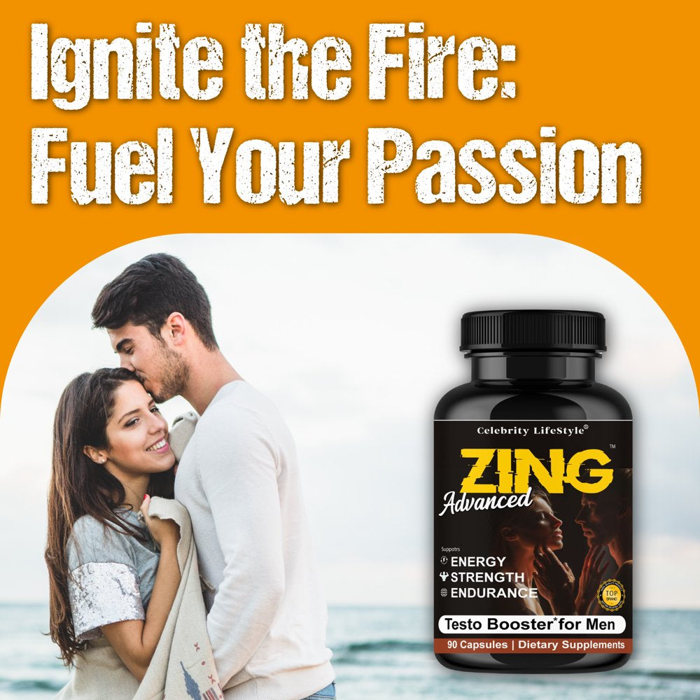 Zing Testosterone Booster for Men & Libido Booster, Enhances Strength Performance Mood Booster 90 Caps