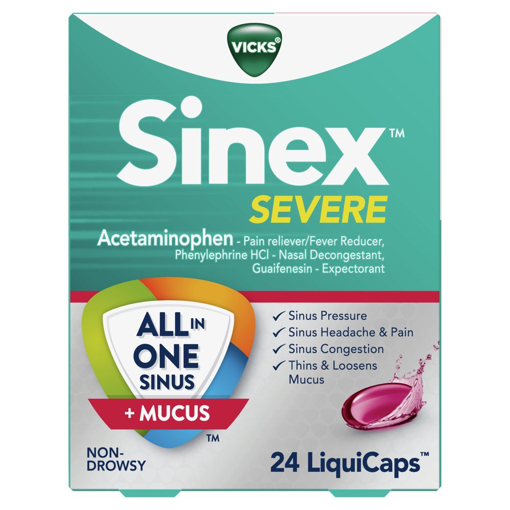 Vicks Sinex Severe Liquicaps, Non-Drowsy Mucus +Sinus Relief, Over-The-Counter Medicine, 24 Ct