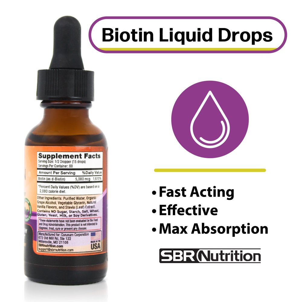 MAX ABSORPTION Biotin Liquid Drops, 5000 Mcg Biotin per Serving, 60 Servings, No Artificial Preservatives, Vegan Friendly, Support Healthy Hair, Strengthen Nails and Improve Skin Health, Made in USA
