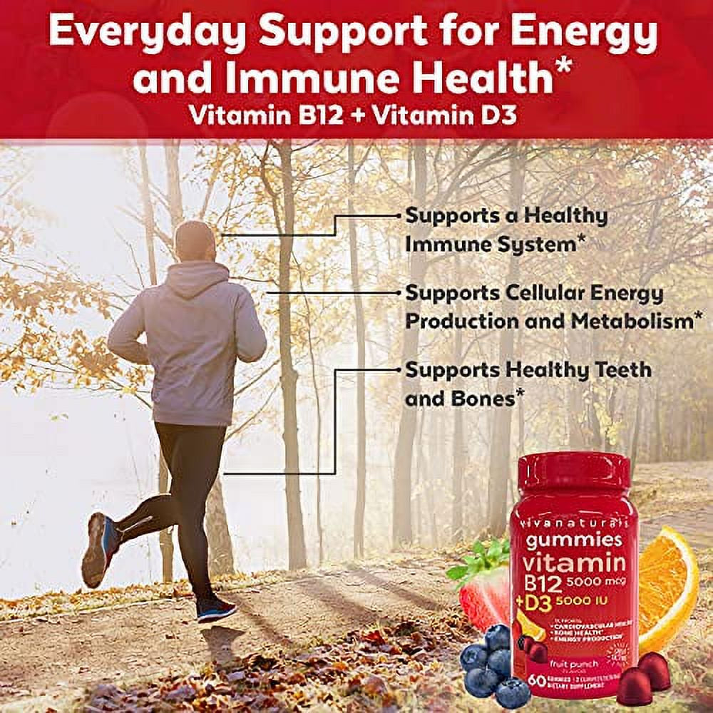 Vitamin B12 and Vitamin D3 5000 IU Gummies, 60 Count | Delicious Fruit Punch Flavor, Vitamin D Gummies and Methyl B12 Vitamins 5000 Mcg for Energy and Immune Support for Adults