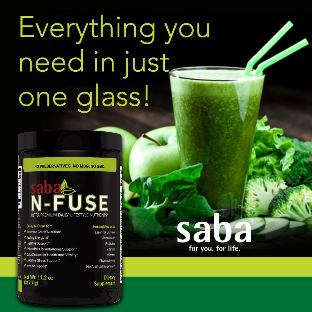 Saba N-Fuse-Supper Foods-Phytonutrients, Super Fruits, Pre & Probiotics, Enzymes, Adaptogens, Antioxidants-Eliminate Toxins, Gas. Provides Digestive Support, Boost, Immune System & Energy-30 Servings