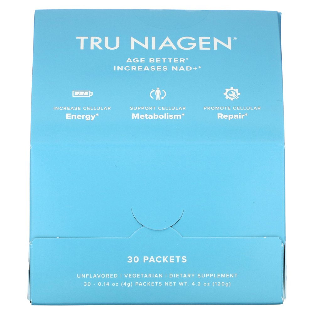 Tru Niagen Increases NAD+, Nicotinamide Riboside, Unflavored, 30 Packets, 0.14 Oz (4 G) Each