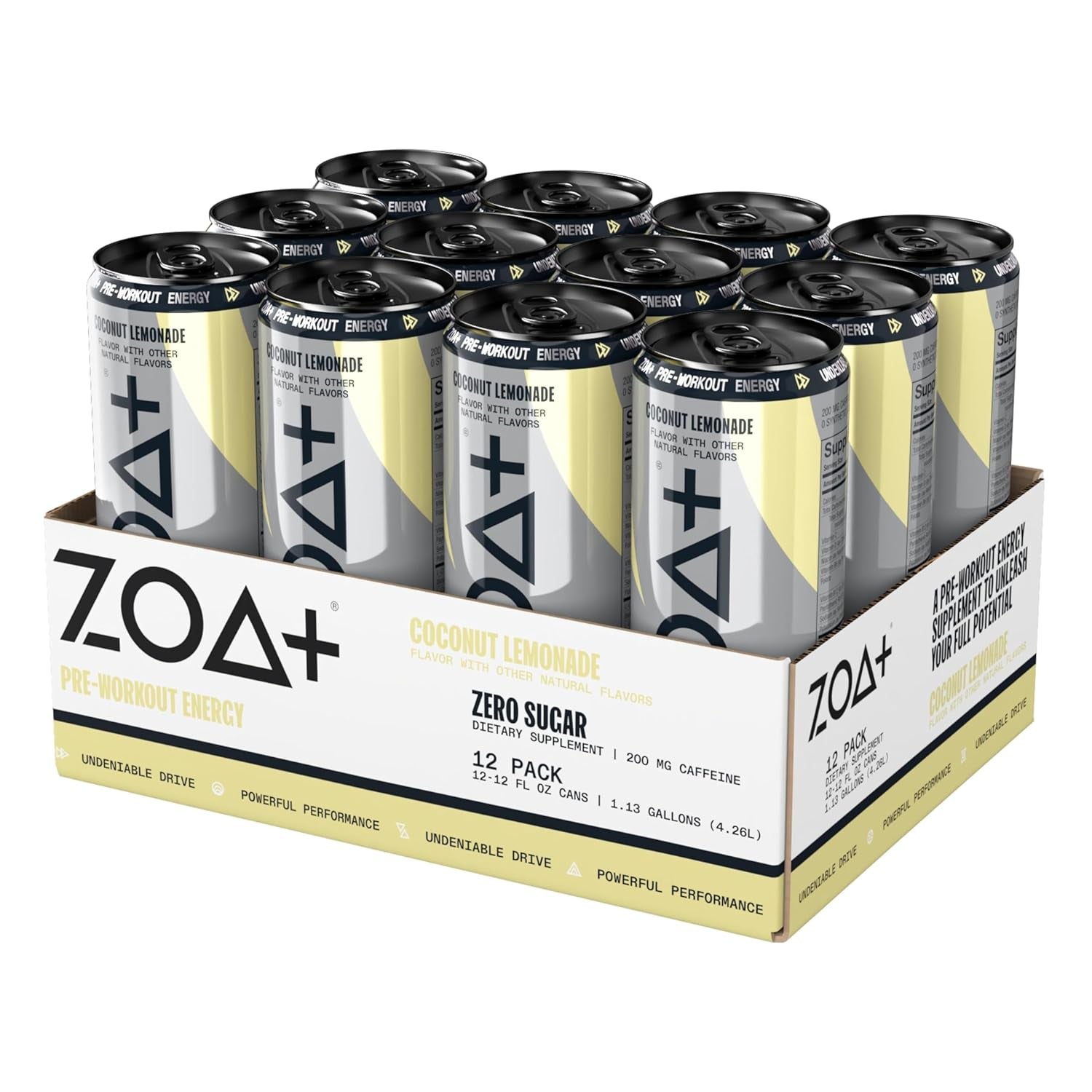 ZOA+ Pre-Workout Sugar-Free Energy Drink, Coconut Lemonade - Zero Sugar, Nitric Oxide Support, Vitamins, Amino Acids, Electrolytes, Natural Caffeine - Gluten Free & Keto Friendly (Pack of 12)