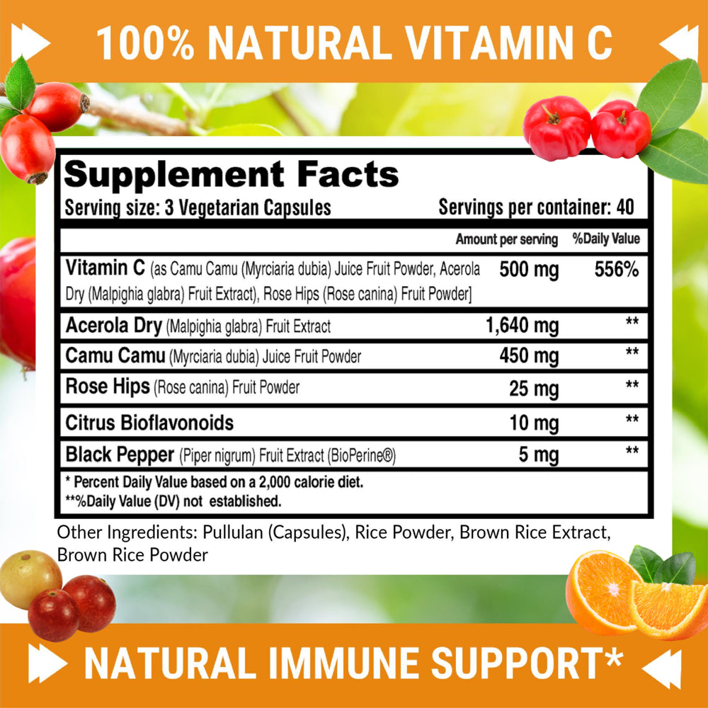 Natural Vitamin C - 100% from Rose Hips, Acerola Cherry and Camu Camu Superfruit 500Mg - High Absorption - Immune Support, Skin, Joint and Collagen Booster with Citrus Biflavanoids - 120 Capsules