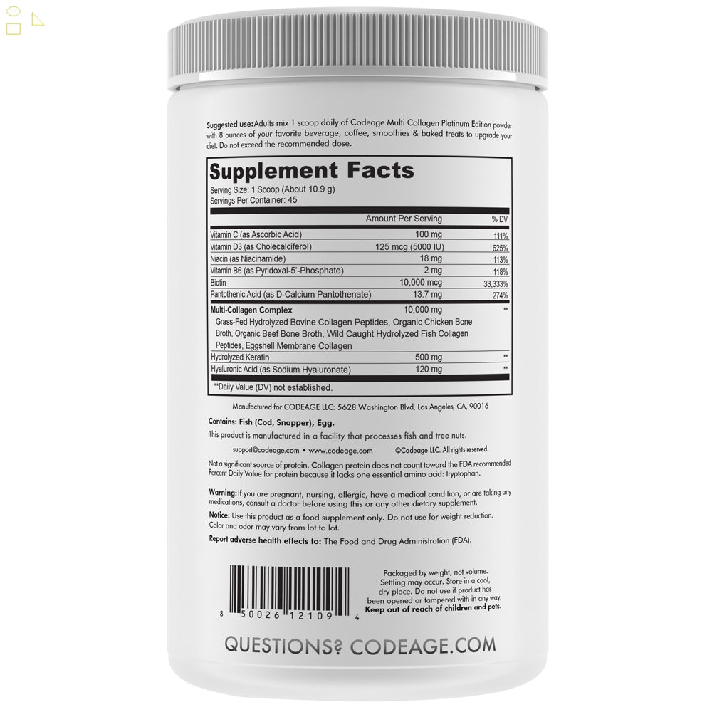 Codeage Platinum Multi Collagen Peptides Powder, 45 Servings | Biotin and Keratin