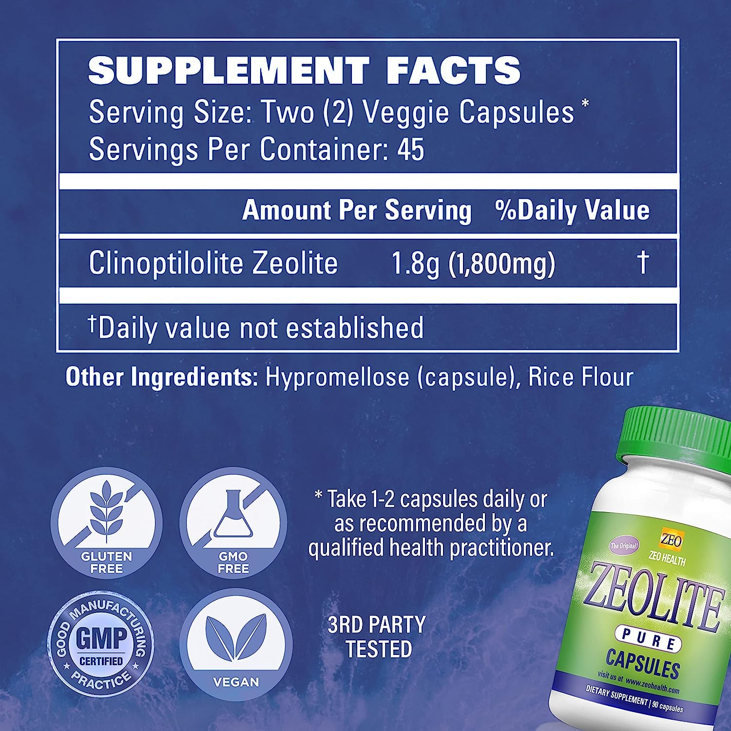 Zeolite Pure Capsules | Zeolite Detox, Extra Strength | Pure, Full Body Cleanse for Women, Men | Activated Organic, Food Grade Clinoptilolite Powder 94%, 90 Caps (81 Grams), 6 Wk to 3 Mo Supply