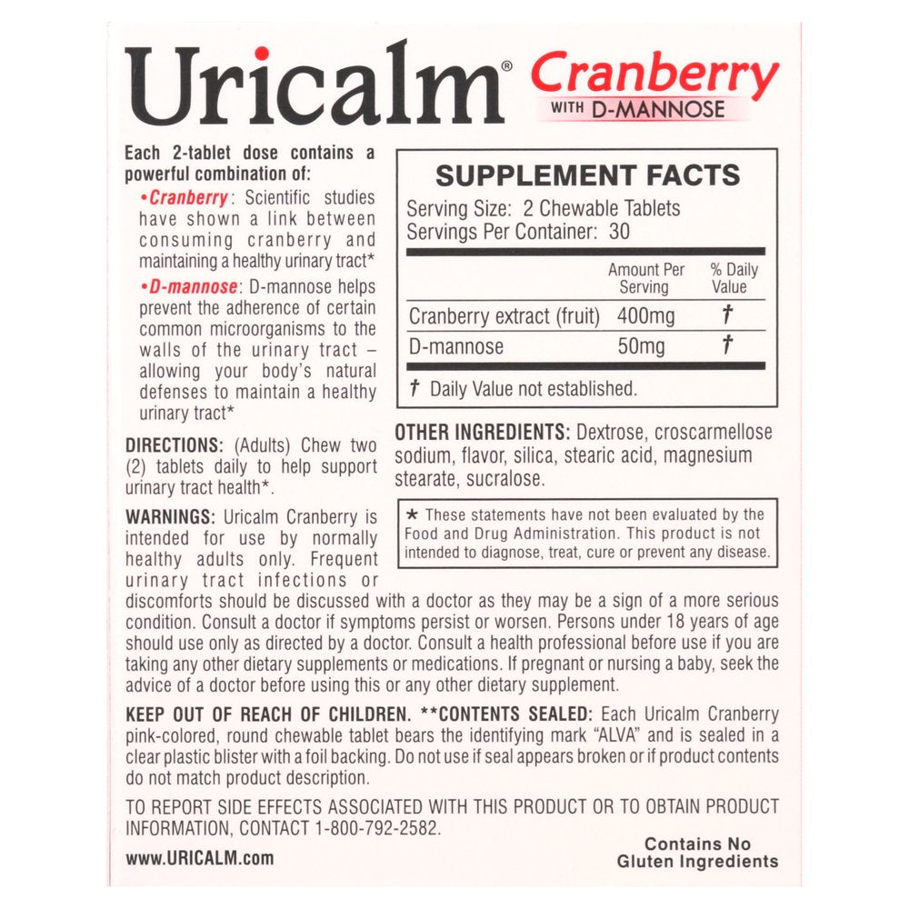 Uricalm Cranberry - Berry Flavored Daily Dietary Supplement Chewable with D-Mannose - 60 Count