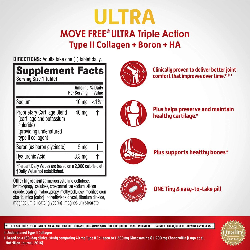 Move Free Ultra Triple Action, 30 Tablets - Joint Health Supplement with Type II Collagen, Boron and HA