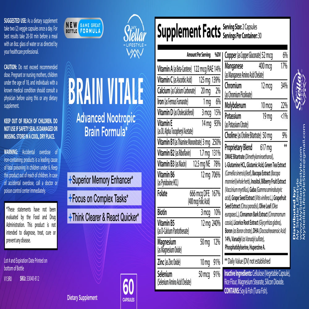 4 Pack Brain Vitale, Advanced Nootropic Brain Formula-60 Capsules X4