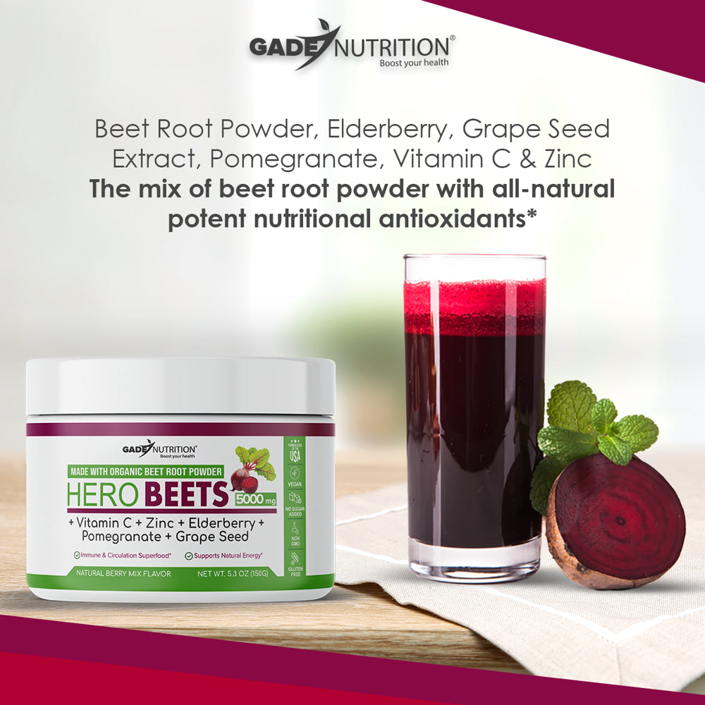 Beet Root Powder Organic - Nitric Oxide Boost for Blood Pressure, Circulation, Energy & Heart Health Support - with Vitamin C & Zinc - Made in USA (30 Servings)