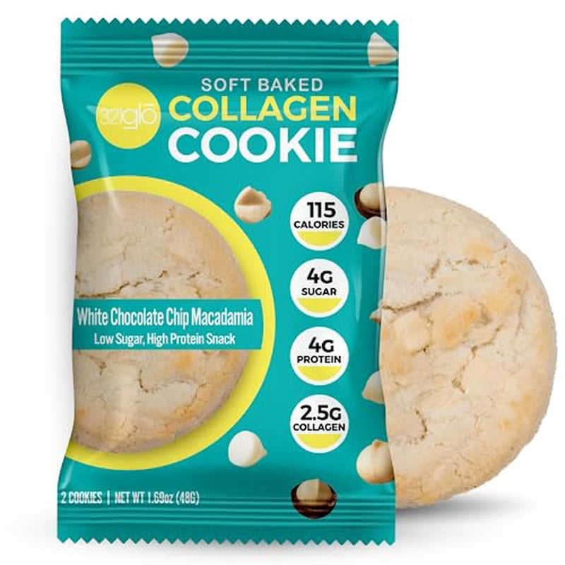 321Glo Collagen Cookies | Soft Baked, High Protein Cookies | Low Carb, Low Sugar | Keto Snack for Women, Men, & Kids | 12 Pack (White Chocolate Macadamia, 12 Pack)