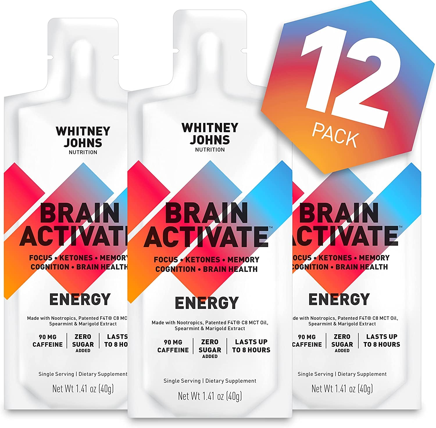 Whitney Johns - Brain Booster Gel Packs, Neuro Enhancer, Brain Supplements for Memory & Focus, Reduce Brain Fog Elevate Ketones, C8 MCT-F4T - Zero Added Sugar, 90Mg Caffeine, 12 Go Anywhere Gel Packs