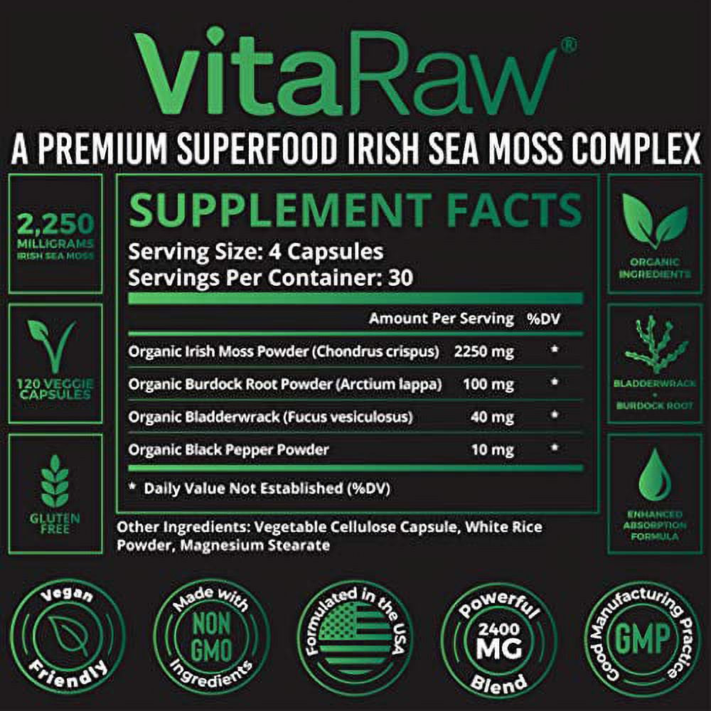 Organic Irish Sea Moss Capsules W/ Burdock Root & Bladderwrack Powder 2400Mg Seamoss Pills for Immune Support, Joint & Thyroid Support & Gut Health W/ Raw Sea Moss Powder, an Irish Moss Immune Booster