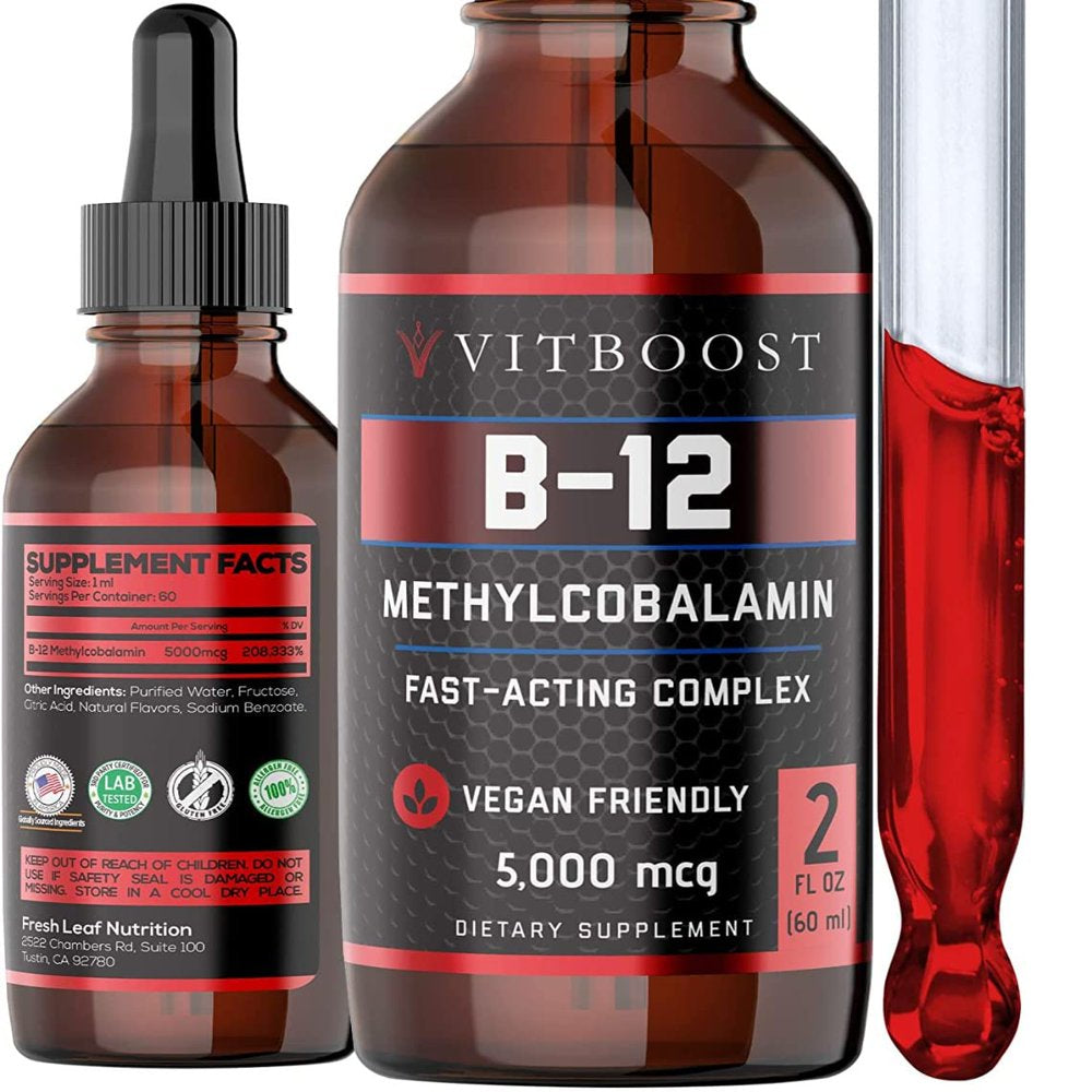 Vitboost Vegan Liquid B-12 Drops - 60 X 5000 Mcg Extra Strength Raspberry Flavored Vitamin B12 Liquid Methylcobalamin Sublingual Supplement | Designed to Maximize Absorption & Energy | Gluten Free