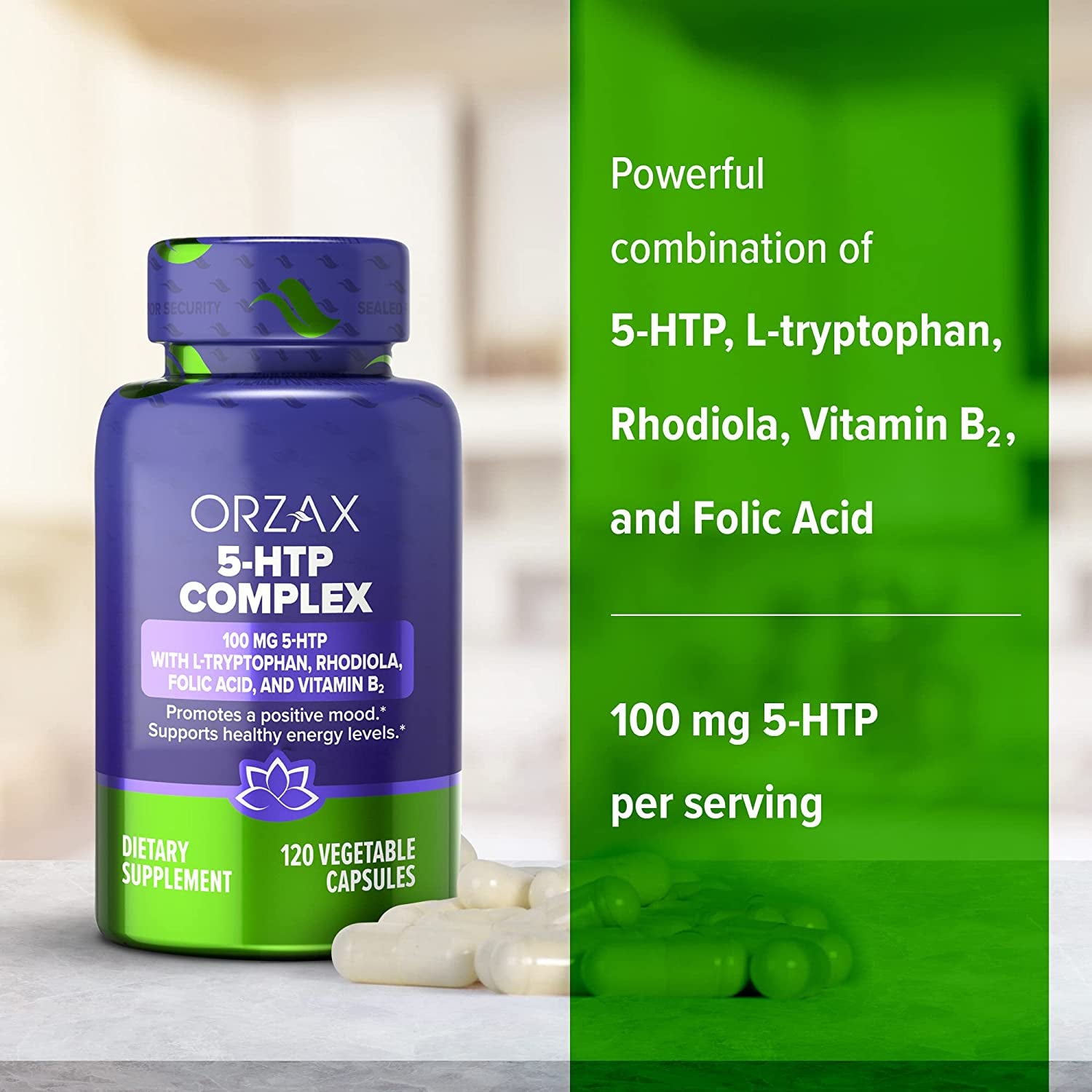 ORZAX 5 HTP 200Mg Capsules - Powerful Combination of 5-HTP, L-Tryptophan, Rhodiola, Vitamin B2 & Folic Acid - Mood & Sleep Supplement and Strong Serotonin Levels (120 Veg Capsules)