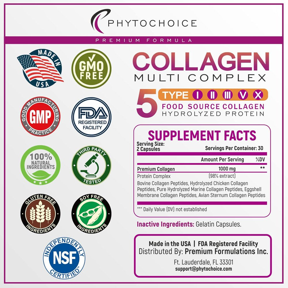 Multi Collagen Pills (Types I-II-III-V-X) Pure Hydrolyzed Collagen Protein Peptides-Collagen Supplements for Women and Men, Anti-Aging Collagen for Skin Hair Growth Nails Joints-90 Collagen Capsules