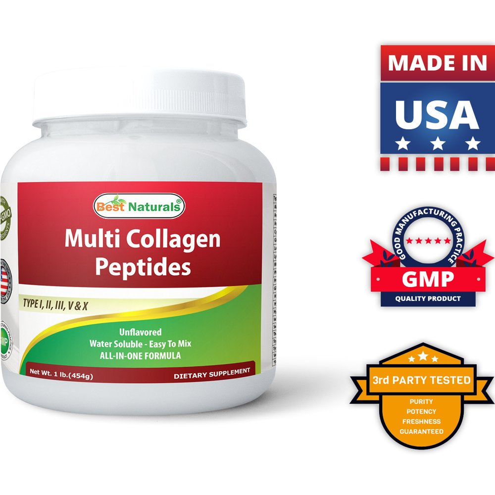 Best Naturals Multiple Collagen Peptides Protein Type I, II III, V & X Collagen Unflavored 1 Pound - Grass Fed & Pasture Raised - Water Soluble - Easy to Mix