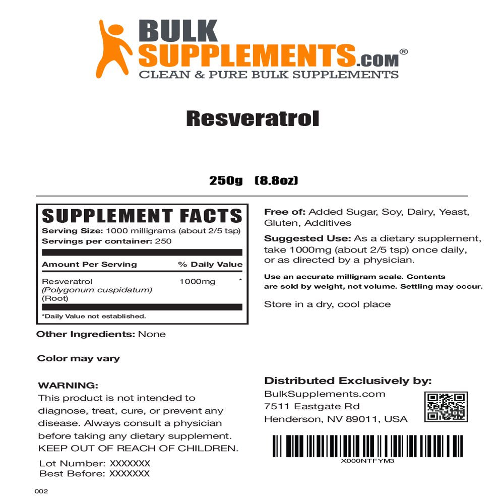 Bulksupplements.Com Resveratrol Powder, 1000Mg - Brain, Heart & Joint Support Supplement (250G - 250 Serv)