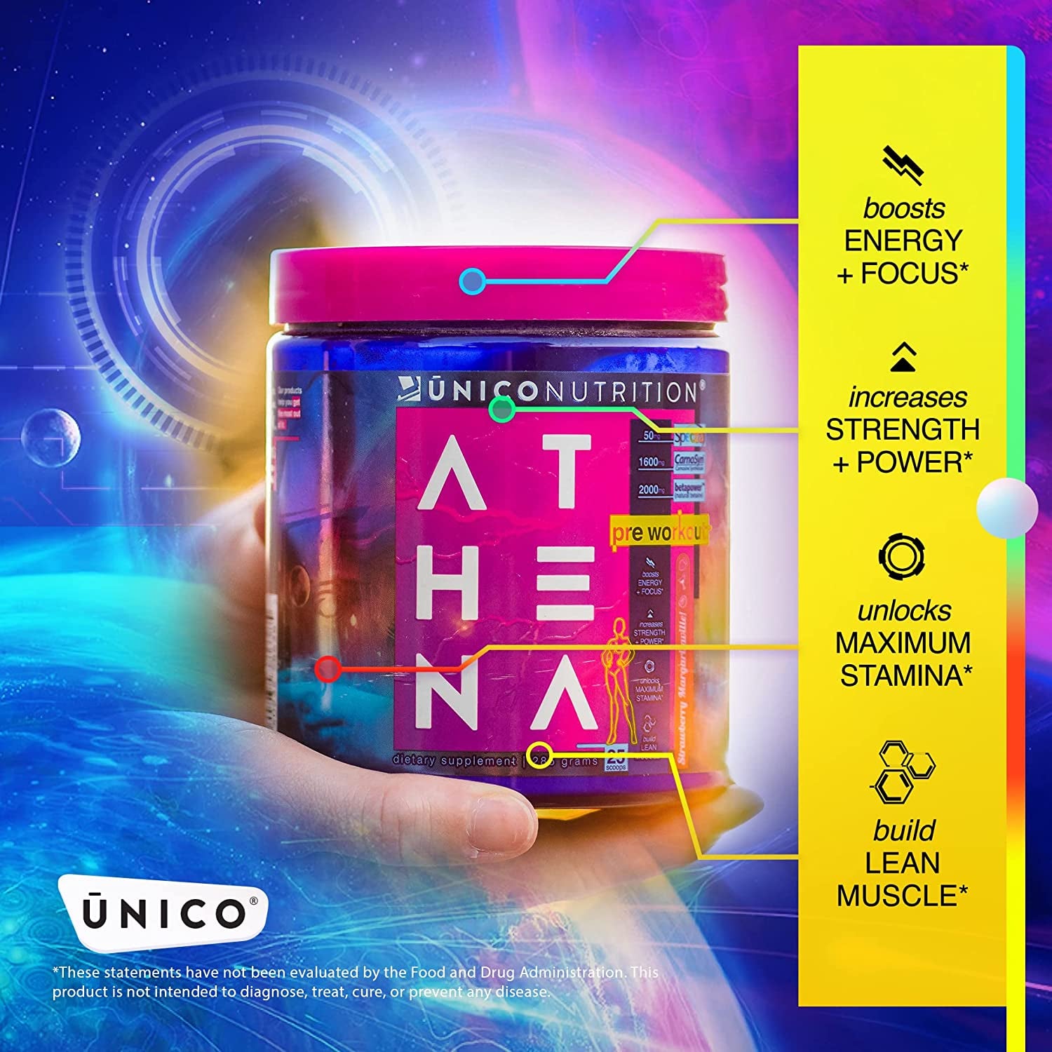 Unico Athena Unleashed Pre-Workout without Creatine | Creatine-Free Pre-Workout | Strawberry Margarita Flavor | Pre Workout Women | 25 Servings | 250Mg Caffeine per Scoop | for Cardio or Lifting