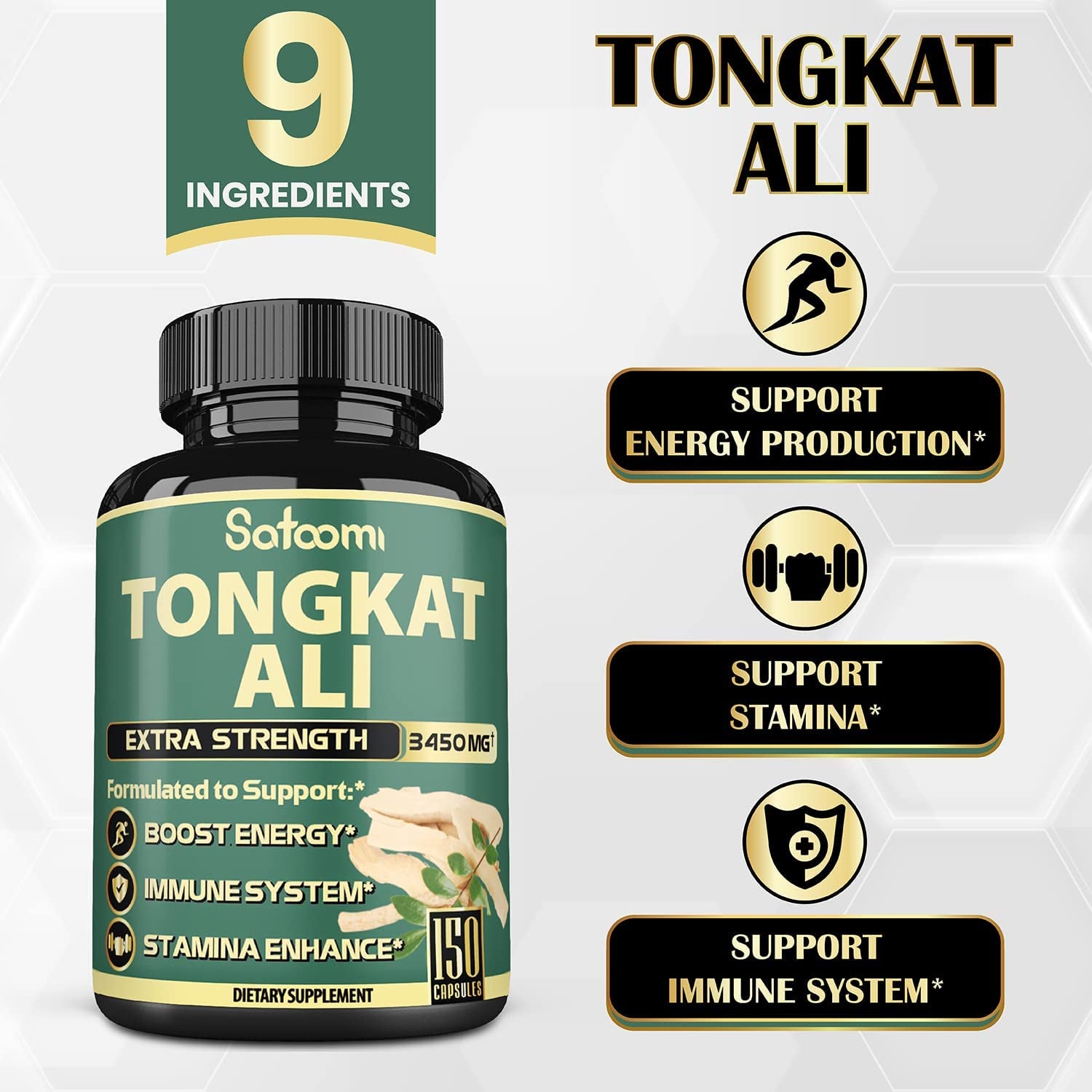 9In1 Tongkat Ali Root Extract 200:1. Equivalent to 3450Mg - Support Strength, Energy and Healthy Immune - 150 Capsules - 5 Month Supply