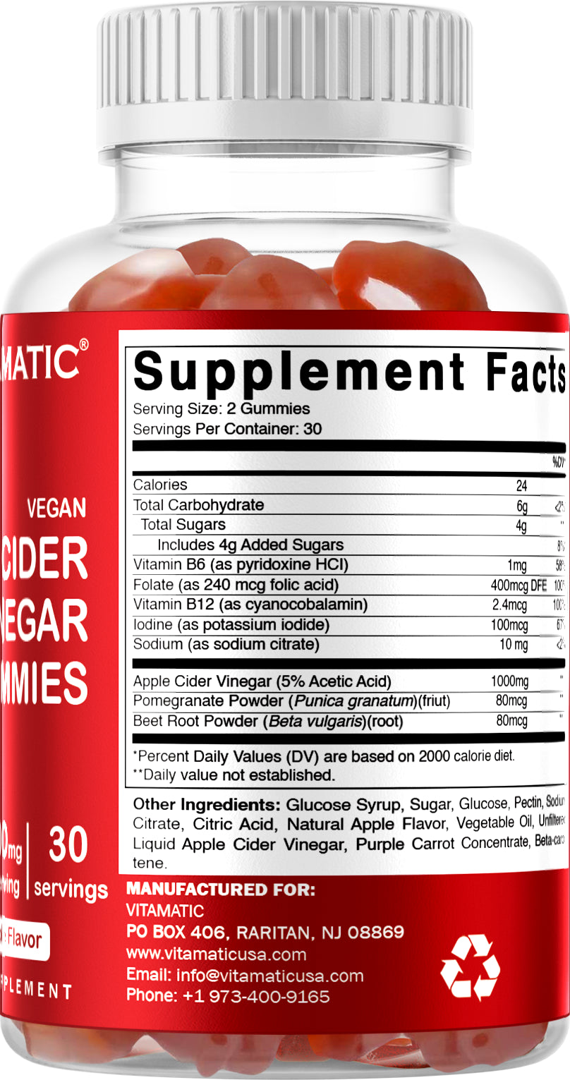 3 Pack - Vitamatic Apple Cider Vinegar Gummies - 1000Mg per Serving - 60 Vegan Gummies - ACV Gummies for Detox, Weight Loss Support, Energy Boost, Digestion & Gut Health (Total 180 Count)