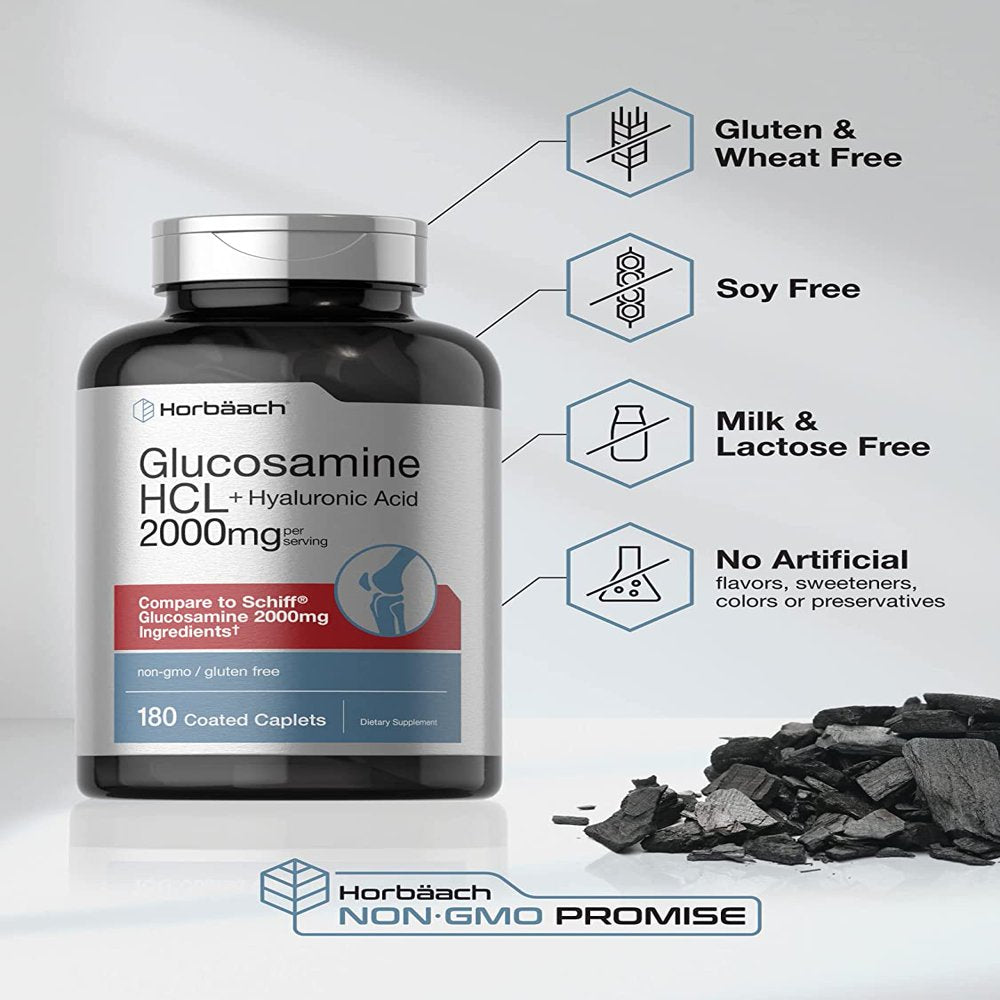 Glucosamine HCL | with Hyaluronic Acid | 2000Mg | 180 Coated Caplets | Non-Gmo & Gluten Free Supplement | by Horbaach