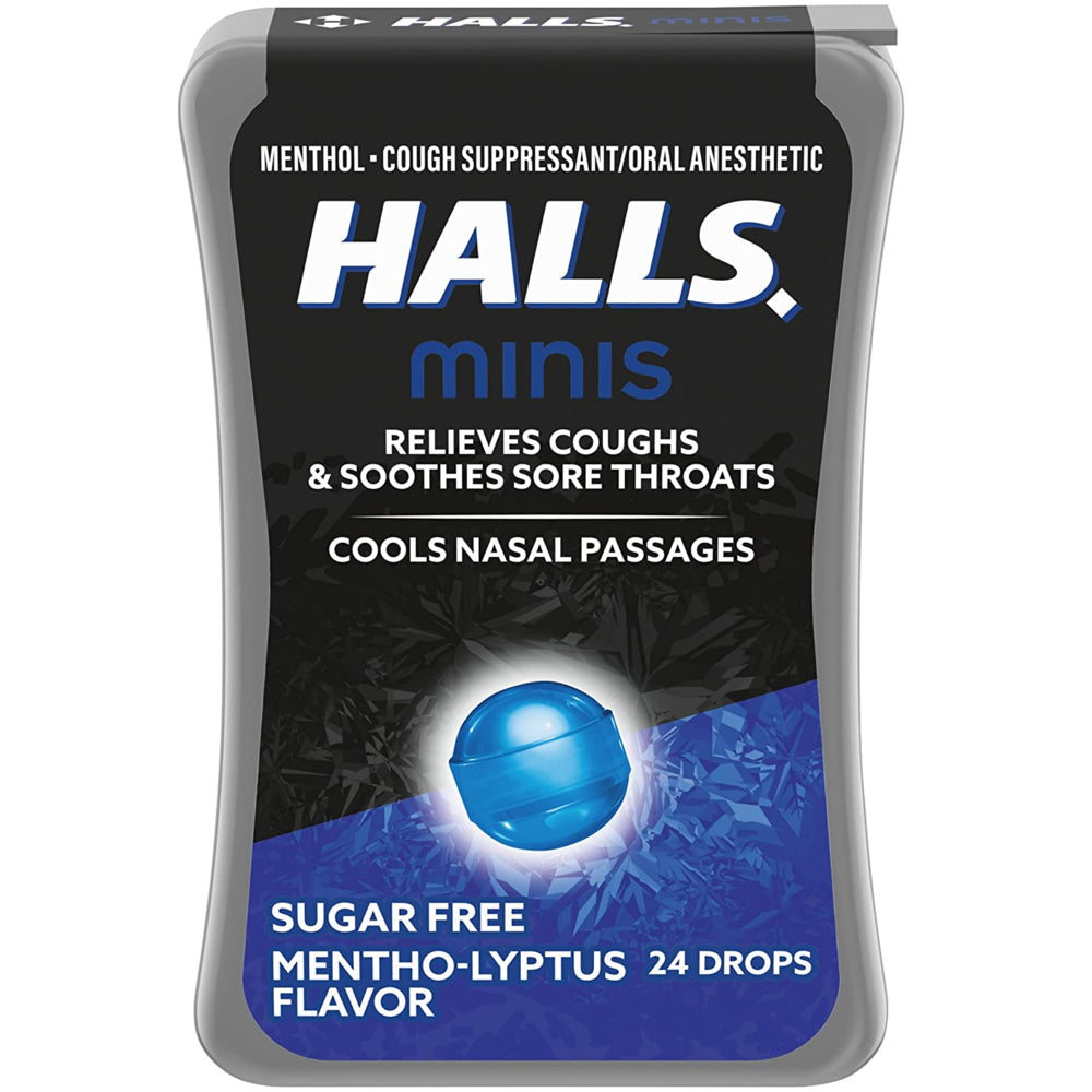 Halls Minis Mentho-Lyptus Flavor Sugar Free Cough Drops, 24 Mini Throat Lozenges per Pack (48 Total Pieces) 2 Pack Double up and Save