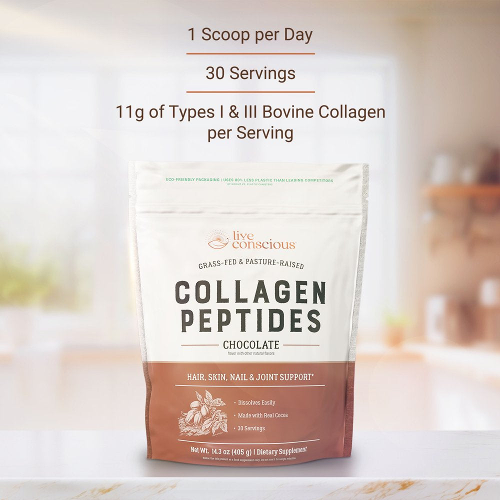 Live Conscious Peptides Chocolate - Grass-Fed, Pasture-Raised Types I & III Collagen & 19 Diverse Amino Acids Support Skin, Hair, Nails & Joint Health. Delicious Chocolate Flavor. 30-Day Supply